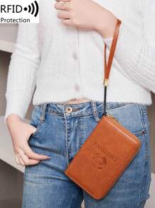 MIYIN RFID Blocking Passport Holder Card Case With Card Slots And ID Window, Solid Color PU Leather Airplane Pattern Portable Passport Wallet/Document Holder/Credit Card Organizer, Multifunctional Zipper Phone Travel Passport Wallet, Unisex, With Wrist Strap, Suitable For Travel, Overseas, Business, Brown Passport Holder/Passport Case/Passport Wallet/Travel Accessories/Back To School Supplies (Brown)