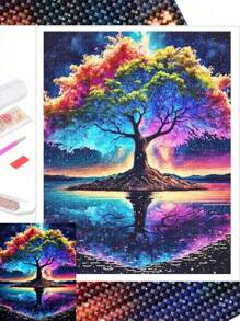 Kit de pintura de diamantes de perforación completa con números para escena, imagen de árbol con reflexión de color, apropiado para decoración de pared del hogar