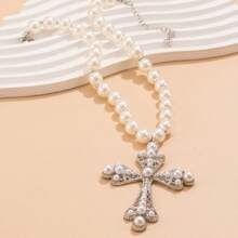 1 Stück vintage elegante Perlenkette mit Kreuzanhänger für Frauen, geeignet für Feiertage, Geburtstage, Dates, Bälle, Partys, Urlaub, Lässig ausflüge und Pendeln