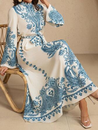 Women's Resort Paisley Muslin Long Dress (Random Print), Modest Kaftan