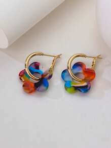 1 Pair Fashionable Cute Multi-Color Acrylic Five-Petal Pendant Earrings, Suitable For Women, Great For Date, Party, Gift - Multicolor Mixing - View 3