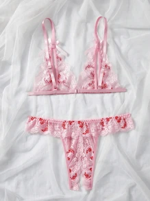 女士花卉印花撞色蕾丝蝴蝶结点缀性感内衣套装 - 粉色 - 查看 3