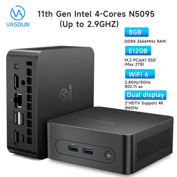 VASOUN M2S Mini PC, 512GB SSD 8GB DDR4, unterstützt erweiterbare HDD & SSD/N5095 Prozessor (bis zu 2,9GHz), Mini Desktop Computer mit WiFi/BT/HDTV x2 Unterstützung für 4K Dual Screen Anzeige, Desktop Computer für Büro, Zuhause