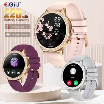 EIGIIS Reloj inteligente sofisticado para mujeres con diamantes (para hacer/recibir llamadas), pantalla redonda IPS de 1.32 pulgadas, rastreador de fitness con seguimiento de ciclos menstruales y del sueño, modos deportivos, smartwatch de moda con varios diseños de esfera para iOS y Android, correa de silicona, el mejor regalo para novias y amigas