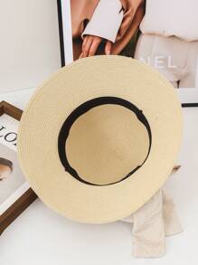 1 pieza Sombrero de paja de verano de unicolor para mujer, sombrero redondo de moda versátil y casual con decoración de perlas y moño, adecuado para compras diarias