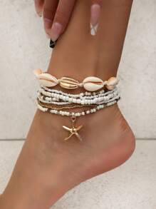 7Pcs/Set Fashionable Starfish Woven Anklet, Beach Shell Beaded Foot Jewelry Accessories - Beige - View 4