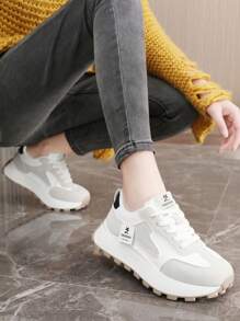 2024 年秋季新款女士厚底厚实运动鞋，透气厚底系带拼色休闲运动鞋 - 白灰 - 查看 4