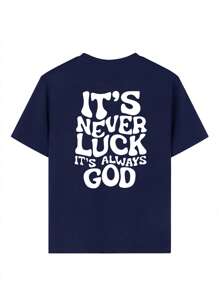 1 chiếc áo thun ngắn tay cổ tròn in hình thiên nhiên phong cách thường ngày cho bé trai tuổi teen, áo thun mùa hè dành cho học sinh - Thiết kế chữ "Không phải do may mắn, mà là do Chúa" - Màu xanh hải quân - Xem 5