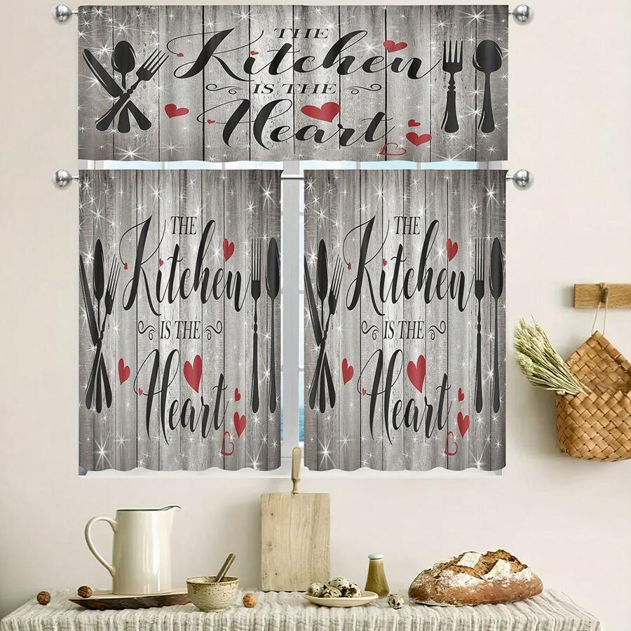 1pc/2pcs Love Letter Design Kitchen Window Curtains, Minimalist Creative Pattern, Short Curtain For Kitchen, Cafe Etc Decor - Multicolor - View 1