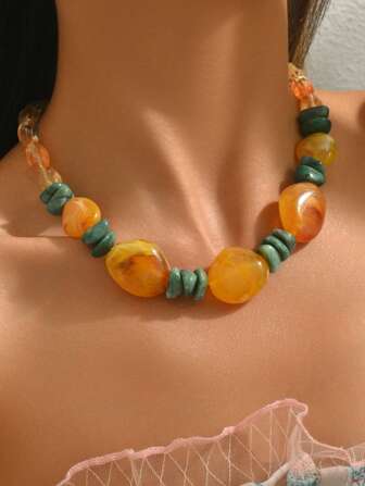 1pc Fashionable & Elegant Geometric Multi-Color Resin, Faux Jade Snake Skin Pattern, Amber Resin, Faux Turquoise Beaded Necklace, All Season