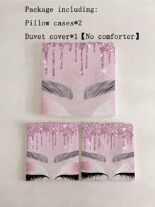 3pcs Eyelash & Slogan Pattern Duvet Cover Set, Soft Polyester, All-Season Zipper Closure, Machine Washable, Digital Print, Includes 1 Duvet Cover And 2 Pillowcases