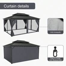 12x16FT Hardtop Gazebo, Galvanized Steel Metal Double Roof Aluminum Gazebo With Curtain And Netting, Brown Permanent Pavilion Gazebo For Patio, Lawn & Garden - Xám - Xem 3