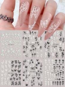 FULL BEAUTY 5D Zwart Wit Bloem Blad Nail Art Stickers 5D Geëmbosseerde Zelfklevende Acryl Decals, Kant Vlinder 3D Bloemen Bloeiende Lente Nail Art Decals DIY Zelfklevende Nail Art Decoraties Manicure