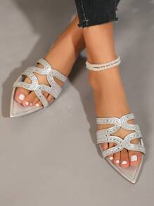 Dames platte sandalen met strass-versiering, elegante, modieuze, casual slippers met puntige neus