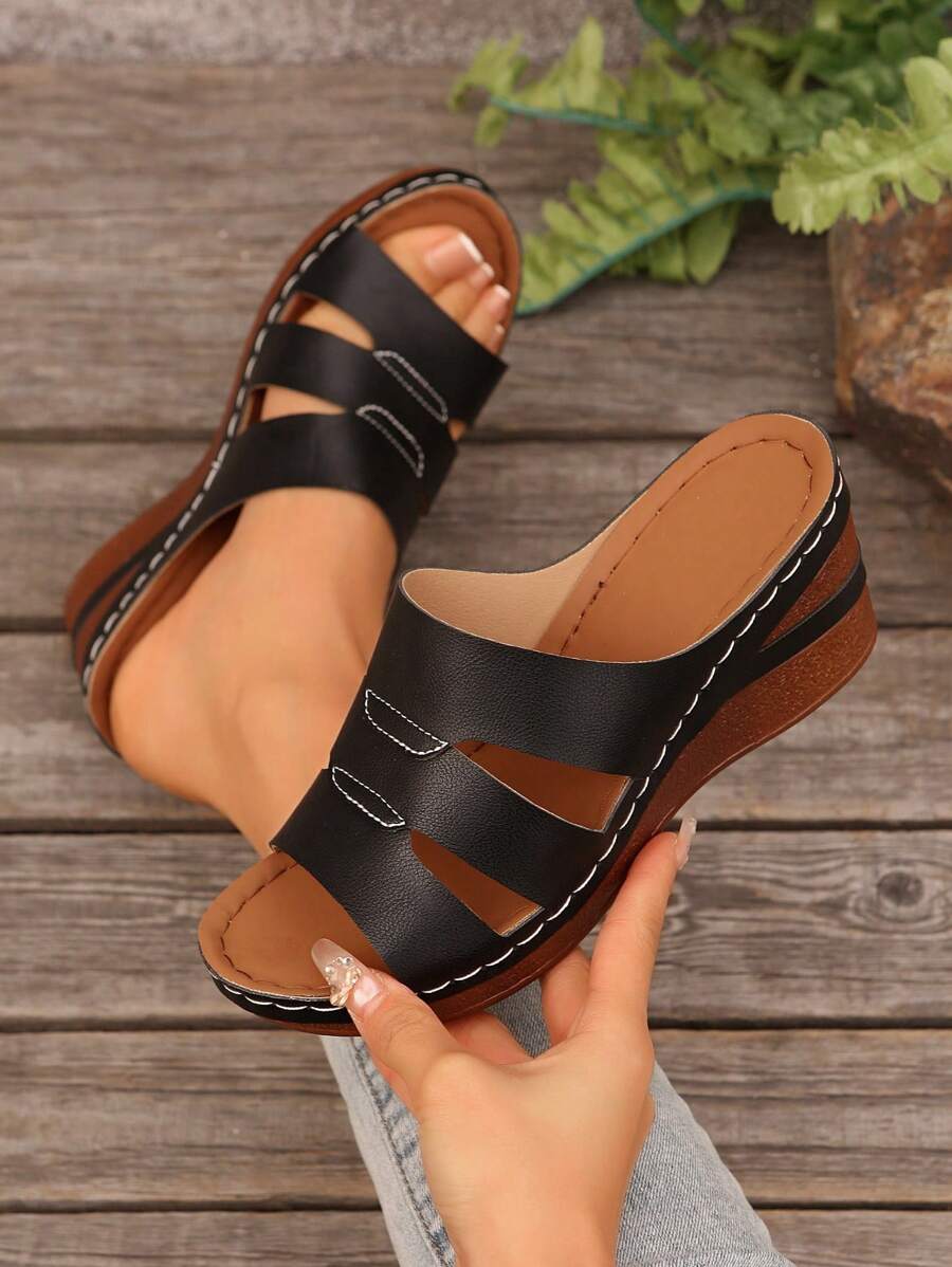 大码女式优雅坡跟高跟凉鞋，镂空编织鞋底系带一脚蹬度假风格户外纯色拖鞋，时尚、舒适、优雅、休闲、沙滩、坡跟、厚底凉鞋