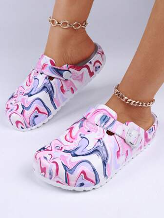 Women's Fashionable Adjustable Buckle Printed Slip-On Slippers, Indoor Home EVA Soft Sole Protective Sandals