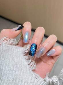 10pcs Premium Ins Style Black & Blue Aurora Elegant Crystal Butterfly Nail Stickers, Handmade Detachable Decals