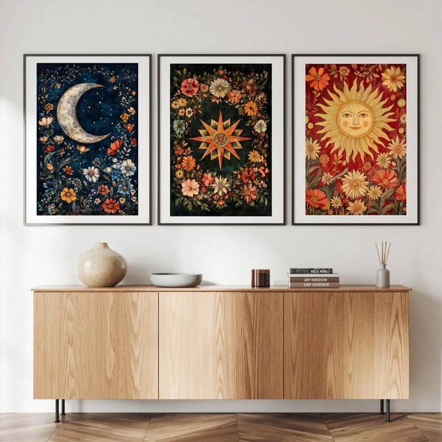 Set Of 3 The Sun Moon Star Tarot Card Posters Prints, Earthy Boho Set Celestial Wall Atrs Prints, Astrology Posters, Retro Mystical Boho Floral Folk Pattern Art Decoration, No Frame Gifts Birthday Graduation - Pink - View 1