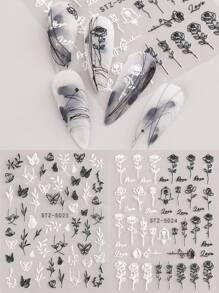 FULL BEAUTY 5D Zwart Wit Bloem Blad Nail Art Stickers 5D Geëmbosseerde Zelfklevende Acryl Decals, Kant Vlinder 3D Bloemen Bloeiende Lente Nail Art Decals DIY Zelfklevende Nail Art Decoraties Manicure