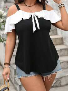 Women Plus Size Tank Tops Stylish Bow Design Contrast Color Ruffled Summer Cold Shoulder Vest