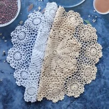 Sousplats Redondos Crochê Feitos à Mão Individuais de Renda Individuais Tricotadas Vazadas Sousplats Resistentes ao Calor Decoração de Mesa 16pol Bege/Branco