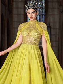 Faeriesty Abaya 华丽串珠晚礼服，雪纺披肩袖 | 适合黑色领带晚会的奢华礼服 - 黃色 - 查看 7