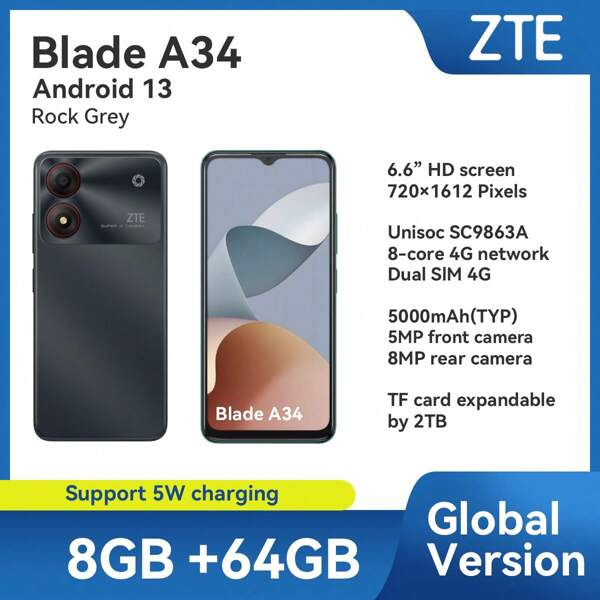 ZTE ZTE, Smartphone, Blade A34 Rock Grey, Desbloqueado, Android 13, (4 GB RAM + 4 GB Fusion) + 64 GB ROM, Bateria de 5000 mAh, Dual SLM 4G, O plugue é padrão europeu, NFC é suportado, 4G LTE, Versão global