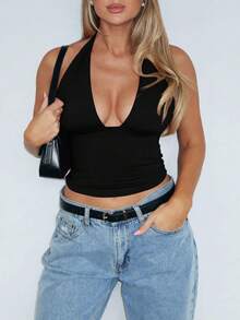 Mystra V-Neck Halter Top, Minimalist & Sexy Design, Suitable For Spring/Summer - Black - View 4