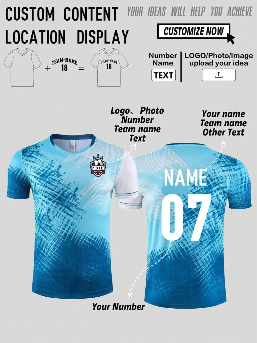 Customized Graphic,Logo,Name&Number Unisex Men's Sport Jersey,Suitable For Soccer,Badminton And Volleyball Spring/Summer,Sports & Outdoor,Season Picks,Personalized Comfortable Casual Loose Fit T-Shirt - Baby Blue - View 1