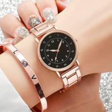 2pcs/Set Women's Watch Rose Gold Stainless Steel Round Shaped Dial Quartz Watch And Alloy Bracelet,Suitable For Daily Wear Holiday For Women Party,Holiday,Birthday Wear Or As Sisters,The Best Gift For A Lady