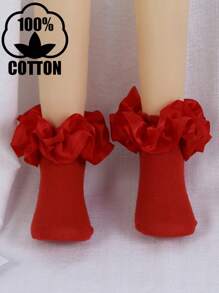 1 đôi tất công chúa ba lê bằng cotton thoáng khí cho bé gái, có bèo nhún ren lớn 3D. - Đỏ - Xem 1