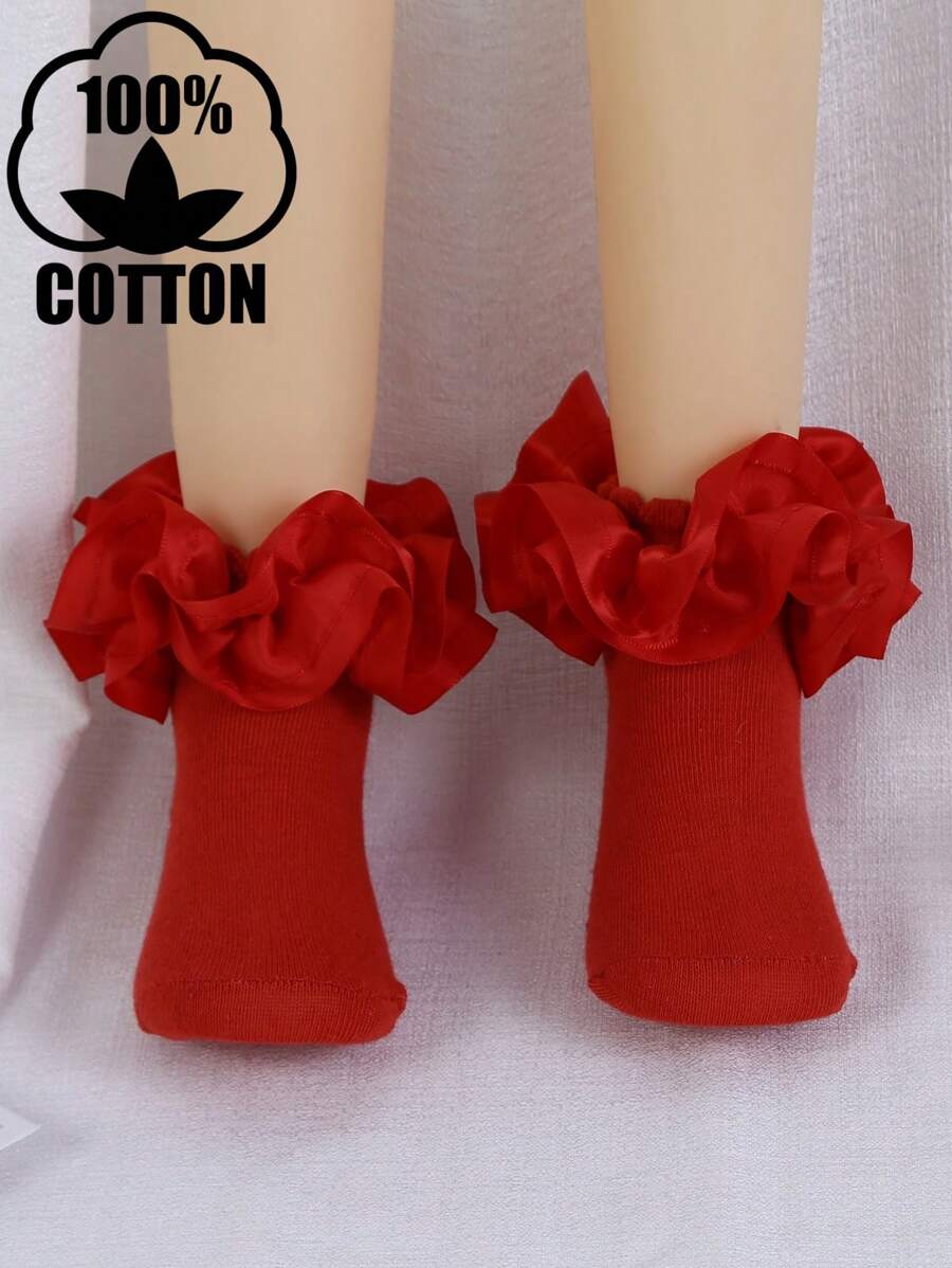 1 đôi tất công chúa ba lê bằng cotton thoáng khí cho bé gái, có bèo nhún ren lớn 3D. - Đỏ - Xem 1