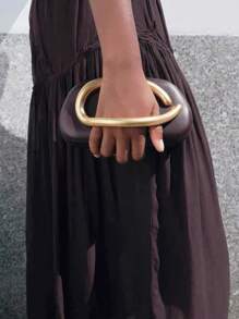 时尚简约金属扣装饰手拿包，晚宴包，欧美复古晚宴包，金属链条，盒状包，适合派对。 - 咖啡棕 - 查看 2