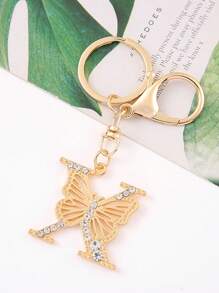 1pc Unisex A-Z Letters Rhinestone Decor Butterfly Style Matching Elegant English Alphabet Keychain - Gold - View 12
