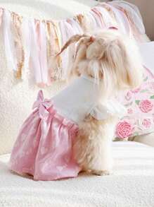 1pc Stretchy Bell Sleeve Ruffle Dress With Matching Bow For Pet Cats/Dogs - Pink - View 4