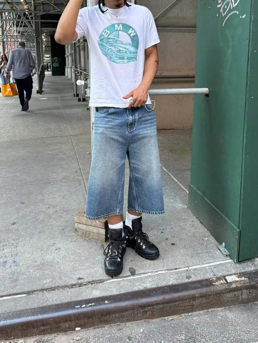 大码男士复古水洗宽松休闲牛仔百慕大短裤，超大阔腿七分裤 - 淺色水洗藍 - 查看 1