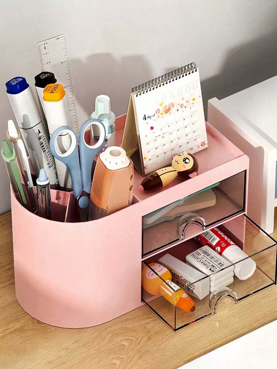 1 pieza Organizador de escritorio mini con 2 cajones, portaulápices y bolígrafos multifuncional para escritorio, caja de almacenamiento simple y creativa para artículos de oficina y escolares, organizador de varios compartimentos, organizador de maquillaje, útiles escolares, regalo navideño