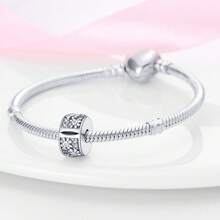 A 925 Silver Plated Bow Beaded Lucky Four-Leaf Clover Safety Buckle Beaded Flower Pattern Openable And Closable Bead Clip Plug Fixed Charms Suitable For Women Bracelets Bangles DIY Jewelry Making And Daily Outfit Matching Jewelry Decoration - Silver - View 3