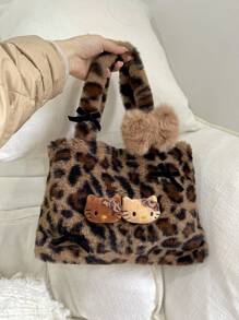 Sanrio Hello Kitty Plush Leopard Print Handbag, Y2K Baddie Cute Leopard Wallet, Minimalist Tote Bag For Outdoor, Retro Plush Commuter Bag, Bohemian Style, Easter, Mother's Day, Birthday Gift, Party Favor, Graduation Memento