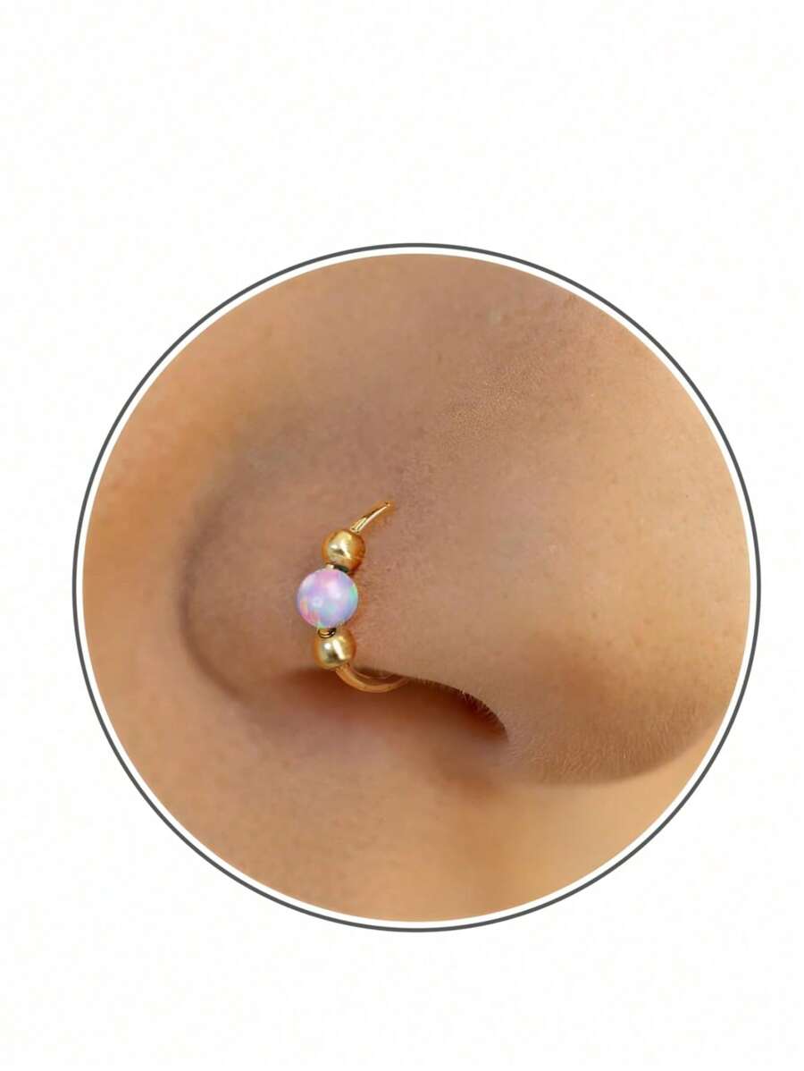 AVYRING 1pc Opal Faux Septum Ring, No Piercing Silver Fake Septum Ring Piercing, 8mm Clip On Septum Nose Ring,Clip On Tiny Faux Nose Hoop Piercing