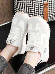 2024 年秋季新款女士厚底厚实运动鞋，透气厚底系带拼色休闲运动鞋 - 白灰 - 查看 3