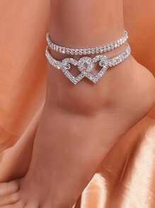 2pcs/Set Rhinestone Heart Shaped Anklet, Glamorous Women Jewelry For Daily, Wedding, Party