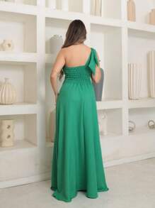 Victoria Long Dress Luxury Plain Duna Linen With Bow One Shoulder - Green - View 2