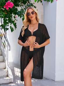 女士泳衣罩衫钩针编织泳衣泳装网眼针织连衣裙镂空比基尼海滩夏季服装 - 黑色 - 查看 4