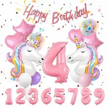 16pcs/Set Unicorn Theme Birthday Party Decorations, Suitable For Girls Purple & Pink Unicorn Party Theme Balloons, Large Rainbow Unicorn Foil Balloons, With Pink Birthday Banner, Hearts & Stars Party Supplies
