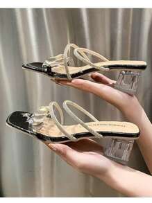 Chunky Heel Rhinestone Embellished Strap Sandals, French Style Crystal High Heels For Women, Summer