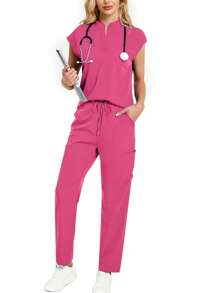 2pcs/Set Notched Neck Top And Pants Healthcare Uniform Set Scrub Set - Hot Pink - View 7