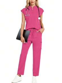 2 pièces/Set Ensemble de tenue professionnelle avec Top à encolure encochée et pantalon, Tenue de soins de santé