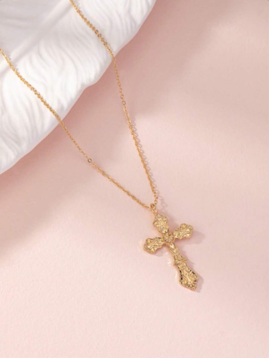 1pc 2025 Fashion Cross Pendant Necklace, Minimalist Versatile Vintage Design, Cross-Border