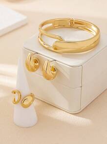 4 件/套几何水滴光滑镀金手镯、戒指、耳环首饰套装，适合女士，简约优雅多功能日常配饰，春季设计开口手镯